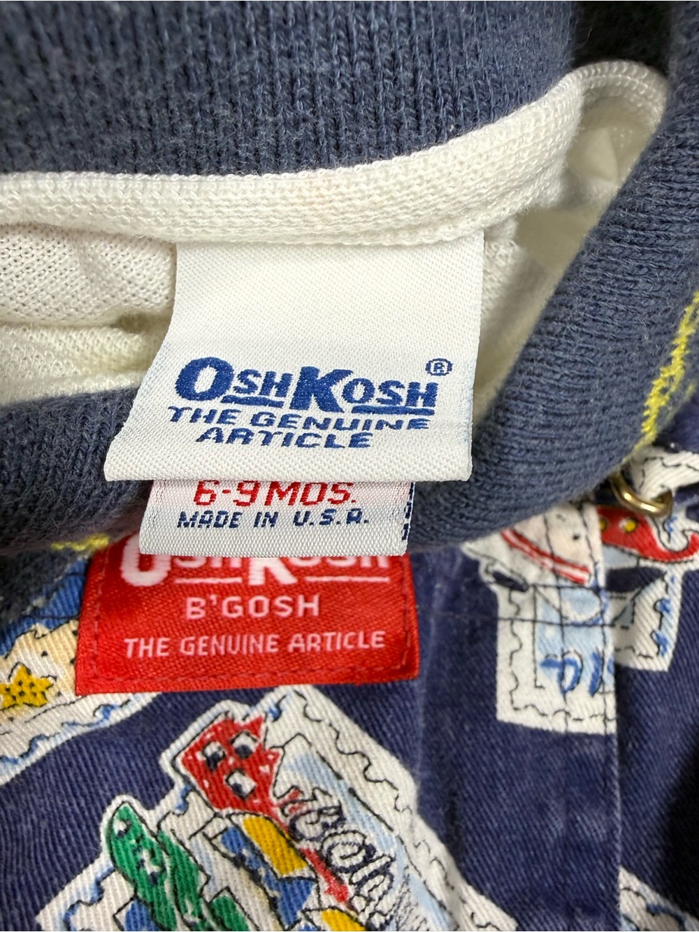 Vintage OshKosh B'gosh Navy Travel Stamp Printed Overalls - Picture 4 of 9
